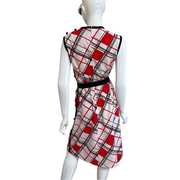 Vintage 1960s Mod Red Black Geometric Print Side Button Accent Shift Dress - Picture 10 of 15